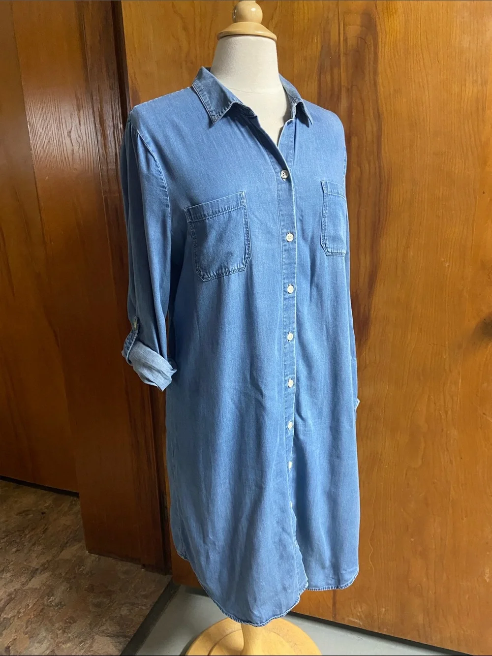 OLD NAVY Light Blue Denim Shirt Dress - Classic Casual Large Roll Up Sleeves - Picture 1 of 4